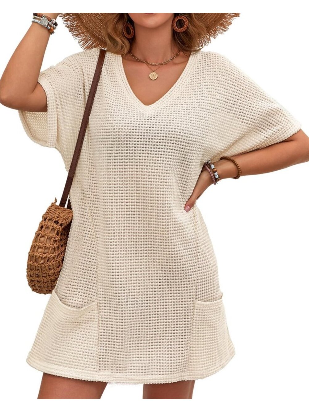 Women's Beige Polyester V Neck Coverup Swimwear Bathing Suit Crochet Cover Up